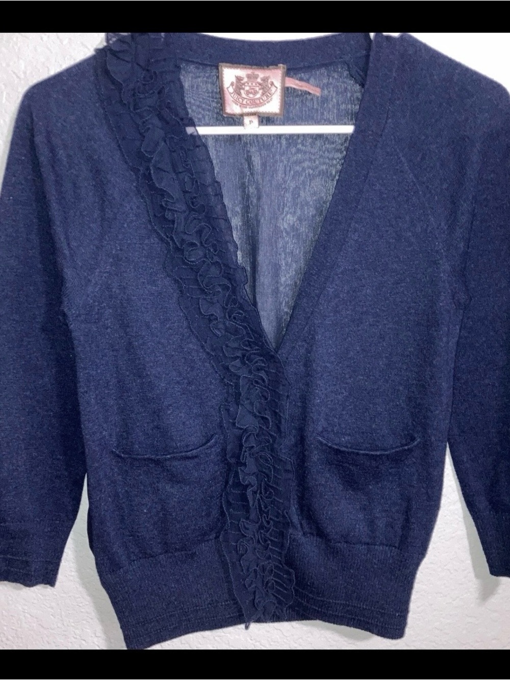 Juicy Couture Navy Cashmere Blend Ruffle Trim Cardigan Sweater Sheer Back Sz P